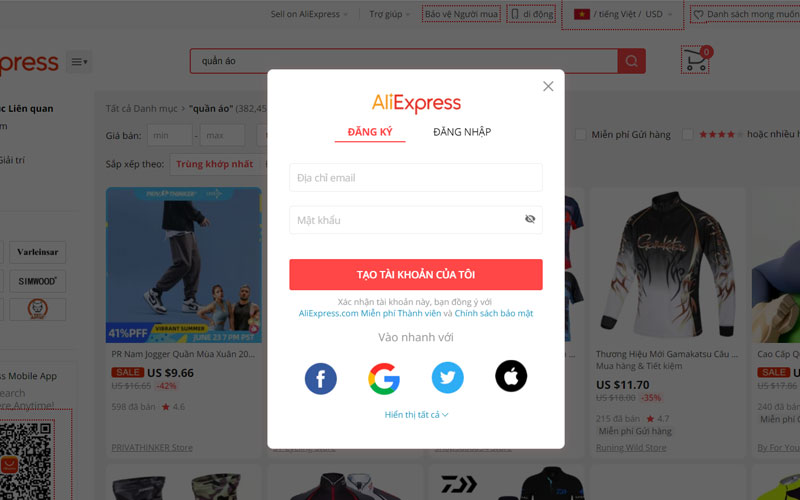 Tạo tài khoản đặt hàng trên Aliexpress
